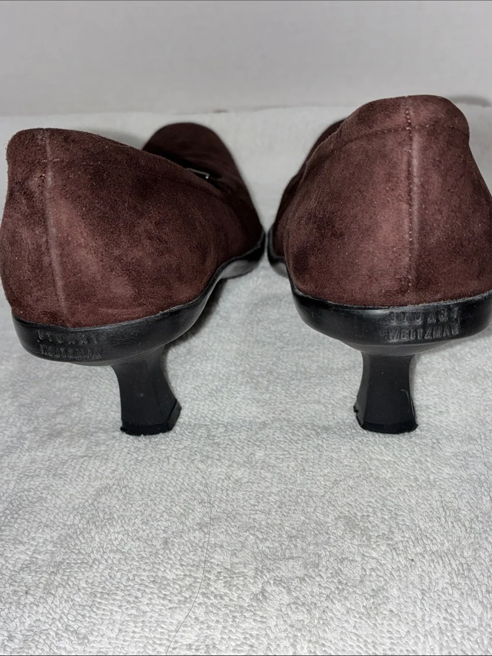 Stuart Weitzman Dark Brown Suede Mid Heel Pumps with Sling Accent